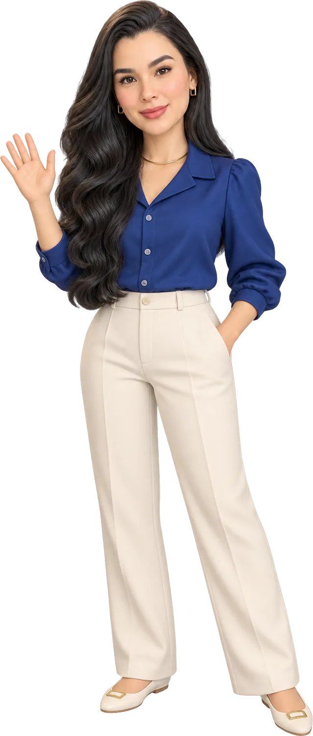 Célia Rocha, retrato de cuerpo entero, con blusa azul y pantalón crema